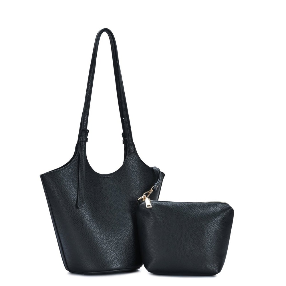 Antik Kraft Solene 2-in-1 Black Pebbled Vegan Leather Shoulder Bag Tote Set
